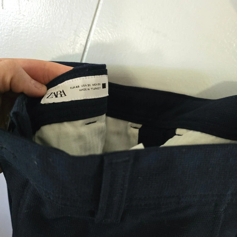 Zara Trousers Mens 31‎ Navy Blue Textured Flat Front Tapered Chinos